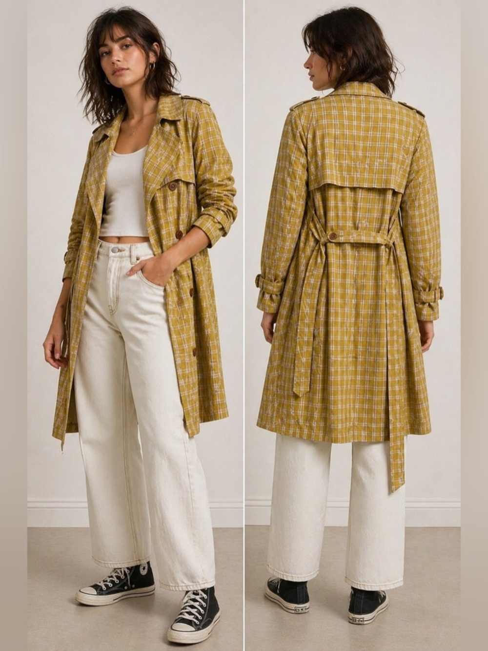 Urban Outfitters Mustard Plaid Trench Coat Belted Lightweight Jacket S